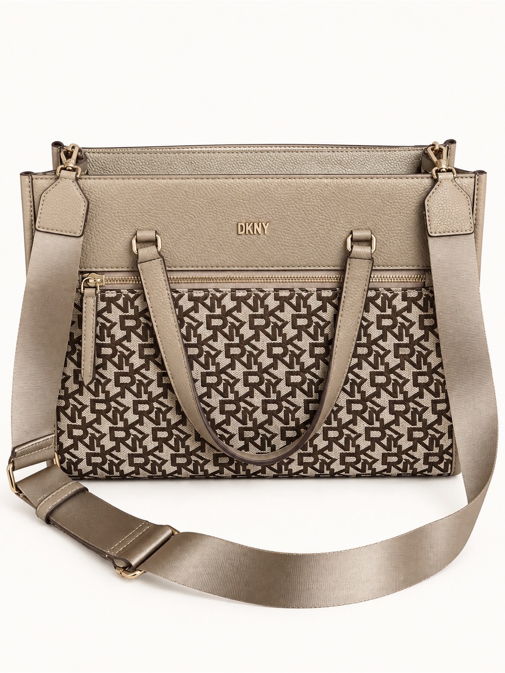 DKNY Zorie Medium Jacquard Logo Tote Crossbody Bag Taupe NWT $198